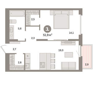 1-к квартира, вторичка, 52м2, 3/16 этаж