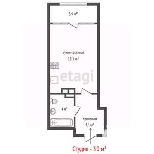 Студия квартира, вторичка, 30м2, 2/25 этаж