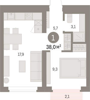 1-к квартира, вторичка, 38м2, 3/9 этаж