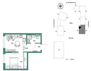 2-к квартира, строящийся дом, 31м2, 18/24 этаж