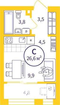 Студия квартира, сданный дом, 26м2, 27/32 этаж