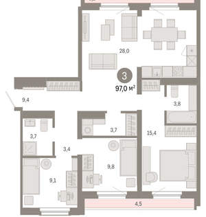 3-к квартира, вторичка, 97м2, 8/9 этаж
