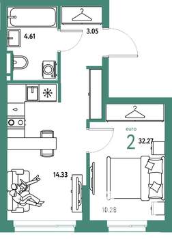 2-к квартира, вторичка, 32м2, 21/24 этаж