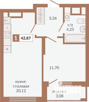 1-к квартира, строящийся дом, 43м2, 15/31 этаж
