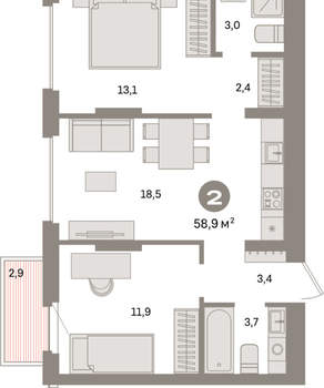 2-к квартира, вторичка, 59м2, 4/9 этаж