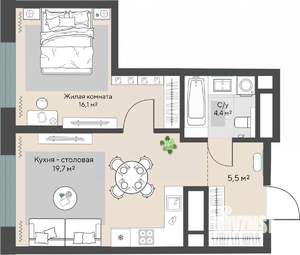 1-к квартира, строящийся дом, 46м2, 3/30 этаж