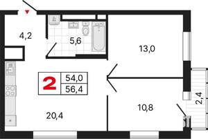 2-к квартира, строящийся дом, 56м2, 10/25 этаж