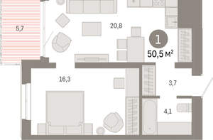 1-к квартира, вторичка, 51м2, 13/24 этаж