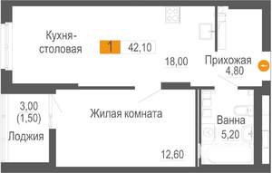 1-к квартира, строящийся дом, 42м2, 21/25 этаж