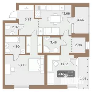 3-к квартира, вторичка, 70м2, 19/24 этаж