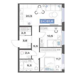 2-к квартира, строящийся дом, 62м2, 2/17 этаж
