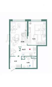 2-к квартира, вторичка, 47м2, 8/33 этаж