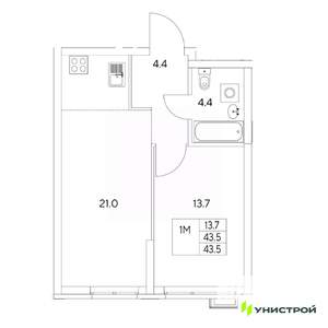 1-к квартира, вторичка, 44м2, 1/31 этаж