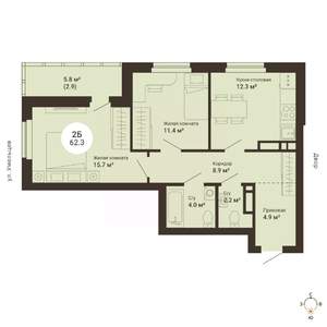 2-к квартира, сданный дом, 62м2, 20/25 этаж