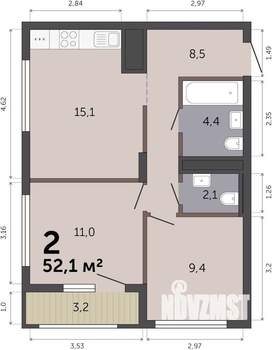 2-к квартира, вторичка, 52м2, 9/19 этаж