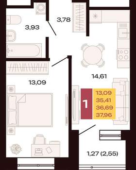 1-к квартира, вторичка, 38м2, 30/30 этаж