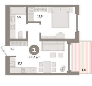 1-к квартира, вторичка, 44м2, 13/24 этаж