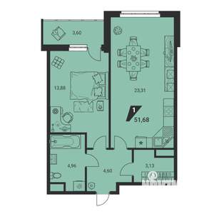 2-к квартира, вторичка, 52м2, 24/25 этаж