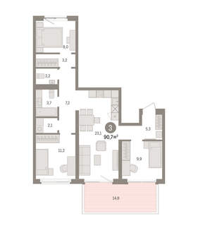 3-к квартира, вторичка, 91м2, 2/15 этаж