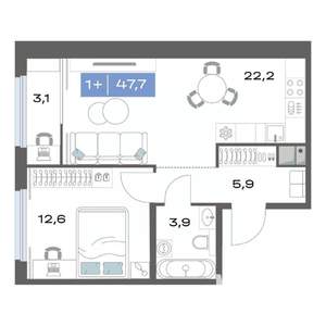 1-к квартира, строящийся дом, 48м2, 17/17 этаж