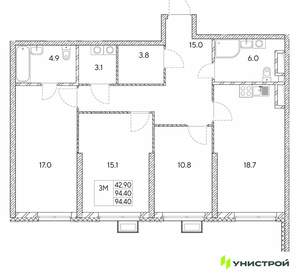 3-к квартира, вторичка, 94м2, 20/30 этаж