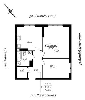 2-к квартира, строящийся дом, 55м2, 25/25 этаж