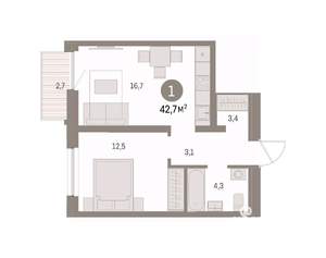 1-к квартира, вторичка, 43м2, 4/16 этаж