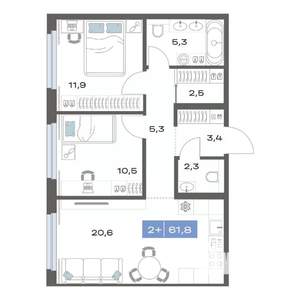 2-к квартира, строящийся дом, 62м2, 1/17 этаж