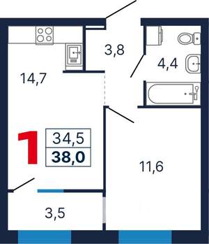 1-к квартира, строящийся дом, 38м2, 5/9 этаж