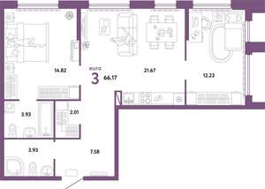 3-к квартира, вторичка, 66м2, 23/24 этаж