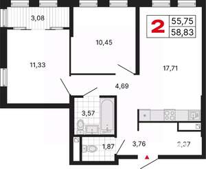2-к квартира, вторичка, 59м2, 25/25 этаж