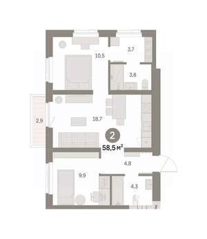 2-к квартира, вторичка, 59м2, 4/9 этаж