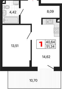 1-к квартира, вторичка, 51м2, 1/25 этаж