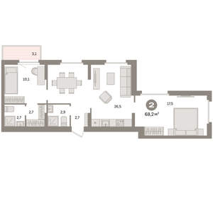 2-к квартира, вторичка, 68м2, 9/9 этаж