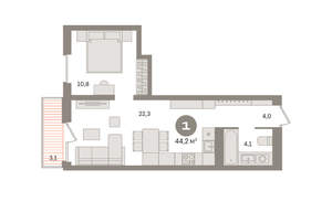 1-к квартира, вторичка, 44м2, 7/8 этаж