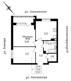 2-к квартира, строящийся дом, 53м2, 9/25 этаж