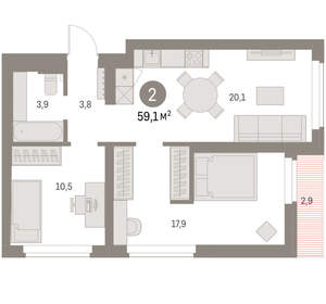 2-к квартира, вторичка, 60м2, 2/9 этаж