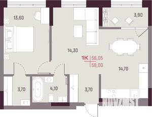 1-к квартира, вторичка, 56м2, 16/25 этаж