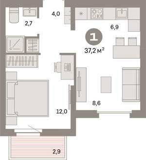 1-к квартира, вторичка, 37м2, 6/16 этаж