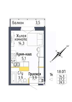 1-к квартира, вторичка, 28м2, 1/9 этаж
