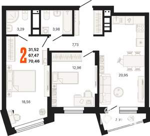 2-к квартира, строящийся дом, 70м2, 13/25 этаж