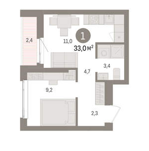 1-к квартира, вторичка, 33м2, 19/25 этаж