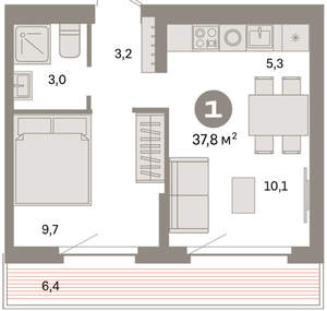 1-к квартира, вторичка, 38м2, 8/16 этаж