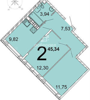 2-к квартира, вторичка, 45м2, 12/14 этаж