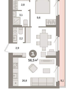 1-к квартира, вторичка, 57м2, 8/9 этаж