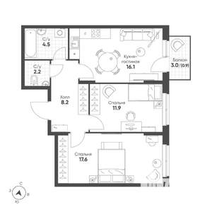 2-к квартира, строящийся дом, 61м2, 3/16 этаж