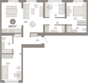 3-к квартира, вторичка, 105м2, 8/9 этаж