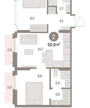2-к квартира, вторичка, 51м2, 9/9 этаж