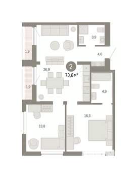 2-к квартира, вторичка, 74м2, 6/7 этаж