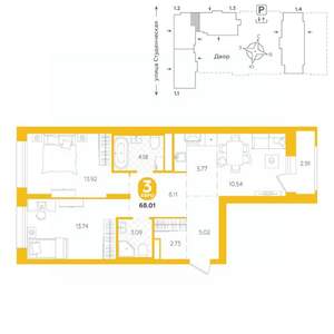 3-к квартира, строящийся дом, 68м2, 10/25 этаж